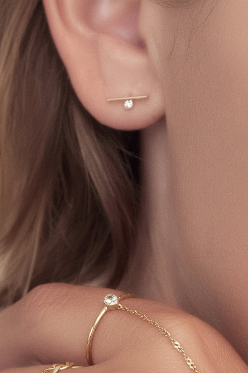 14k solid gold bar bezel diamond minimalist stud earrings - wide angle