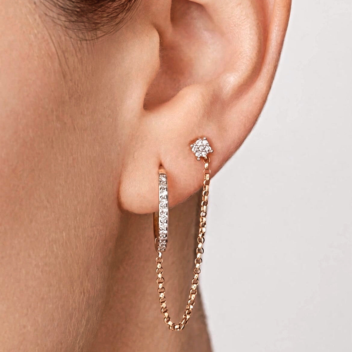 14K solid gold diamond double piercing huggie chain earring — side profile