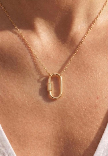 14k solid gold oval carabiner charm holder in yellow gold, screw clasp necklace connector, on white background, available in white gold rose gold

