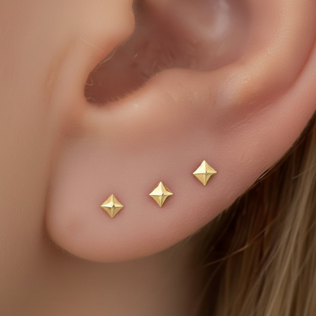 14k solid gold pyramid stud earrings 3mm - sculptural geometric studs, yellow gold