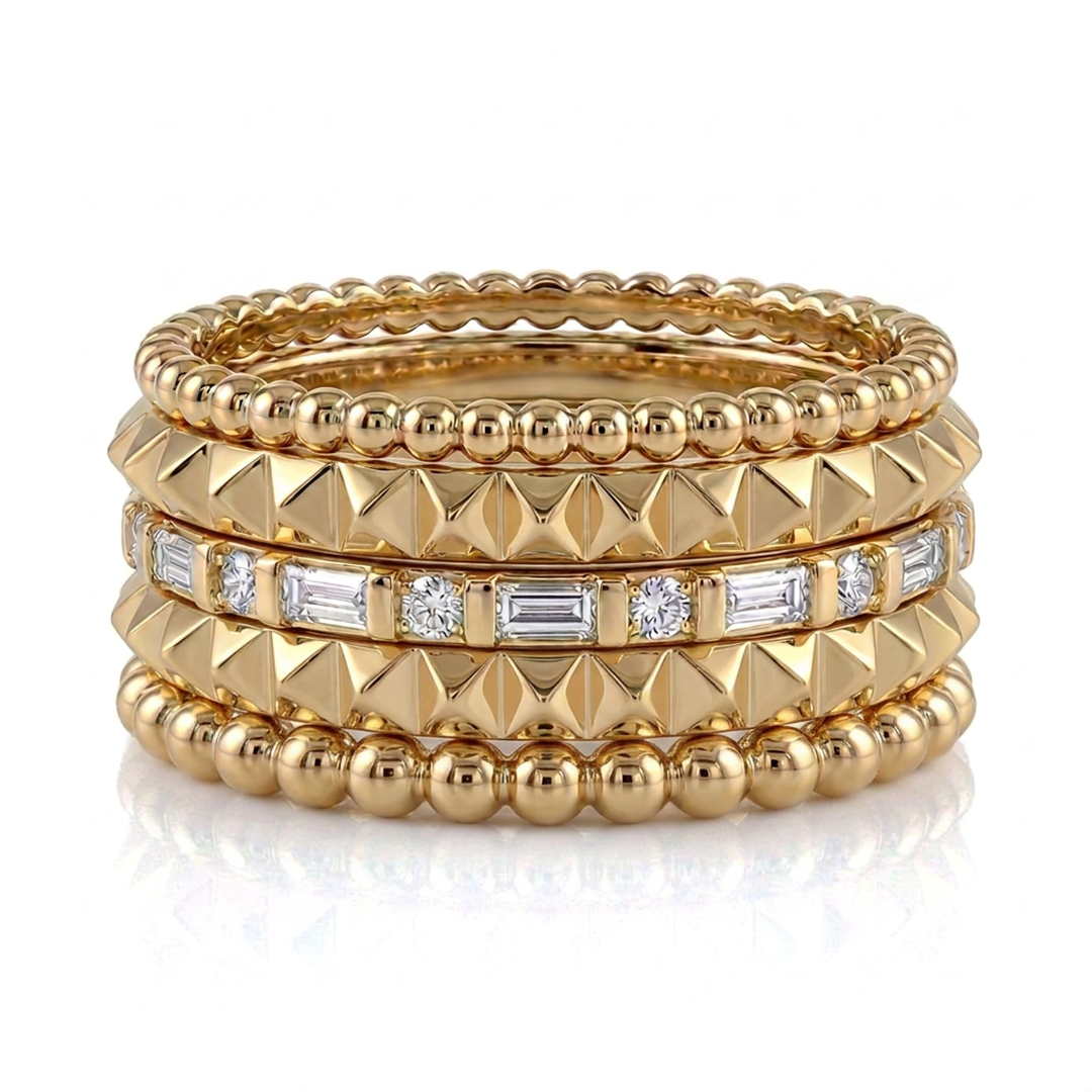 14k solid gold beaded stack ring - delicate beaded texture gold stacking ring, yellow gold
