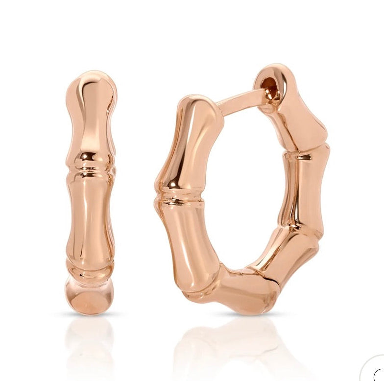 14k solid rose gold bamboo huggie hoop earrings - front and side view