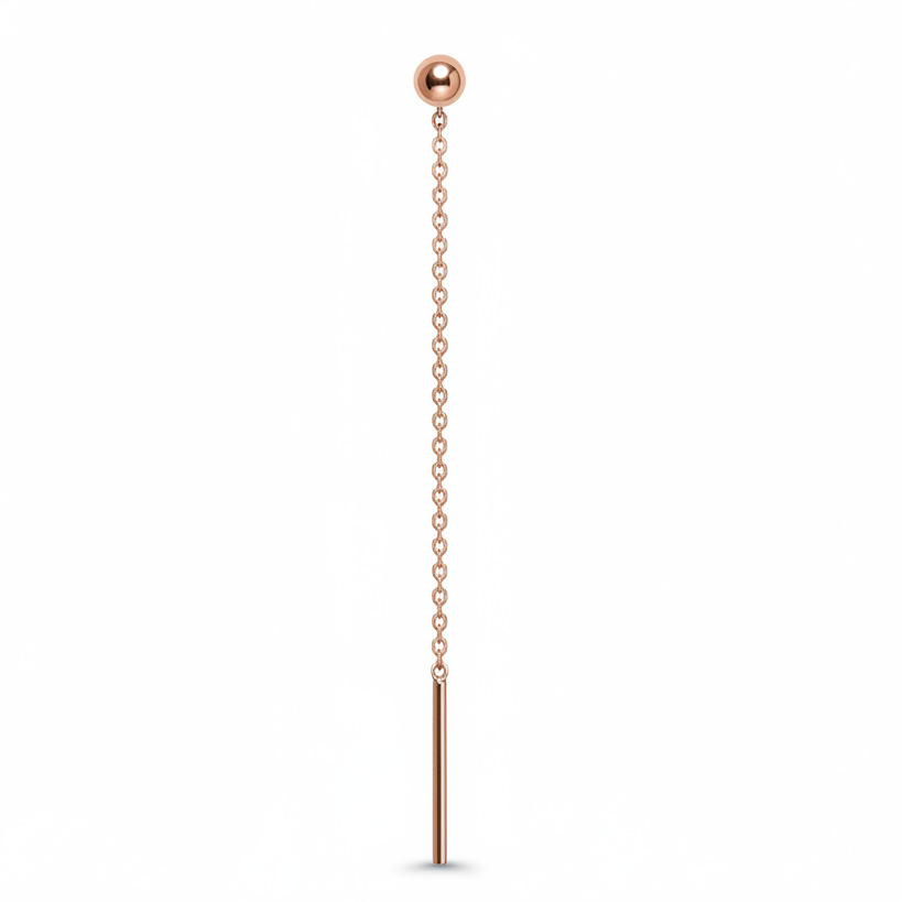 18k rose gold ball threader drop earrings - minimalist chain with polished gold ball