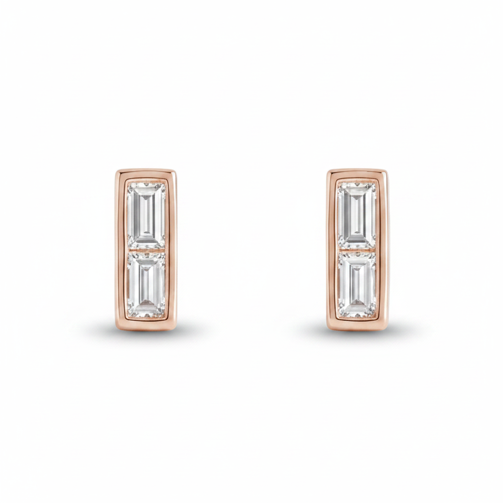 14k solid rose gold baguette diamond stud earrings