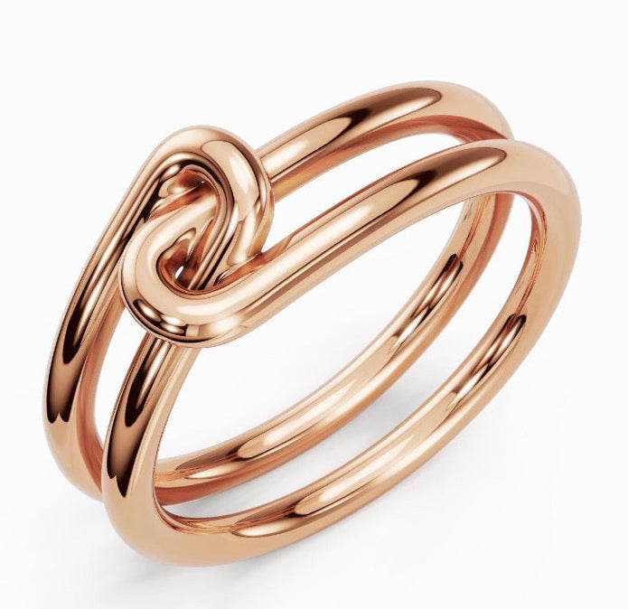 14k solid gold knot double ring - sculptural infinity knot double band, rose gold
