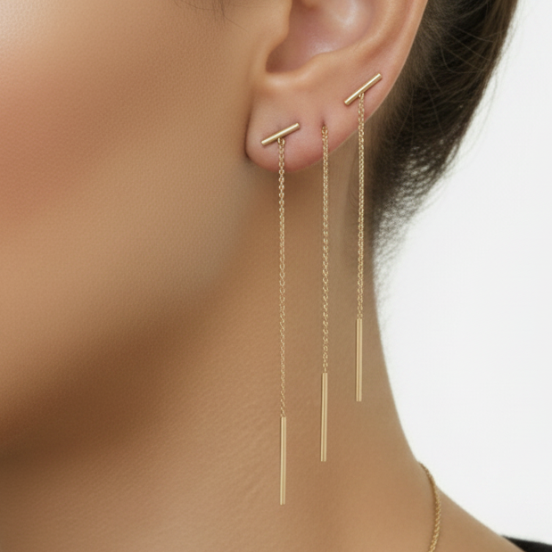 14k solid gold T bar threader earrings with polished gold bar - delicate chain with polished gold bar - minimalist jewelry - everyday jewelry
