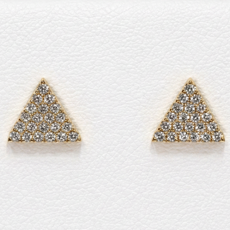 14k solid gold diamond triangle stud earrings - pavé diamond geometric triangle stud, yellow gold
