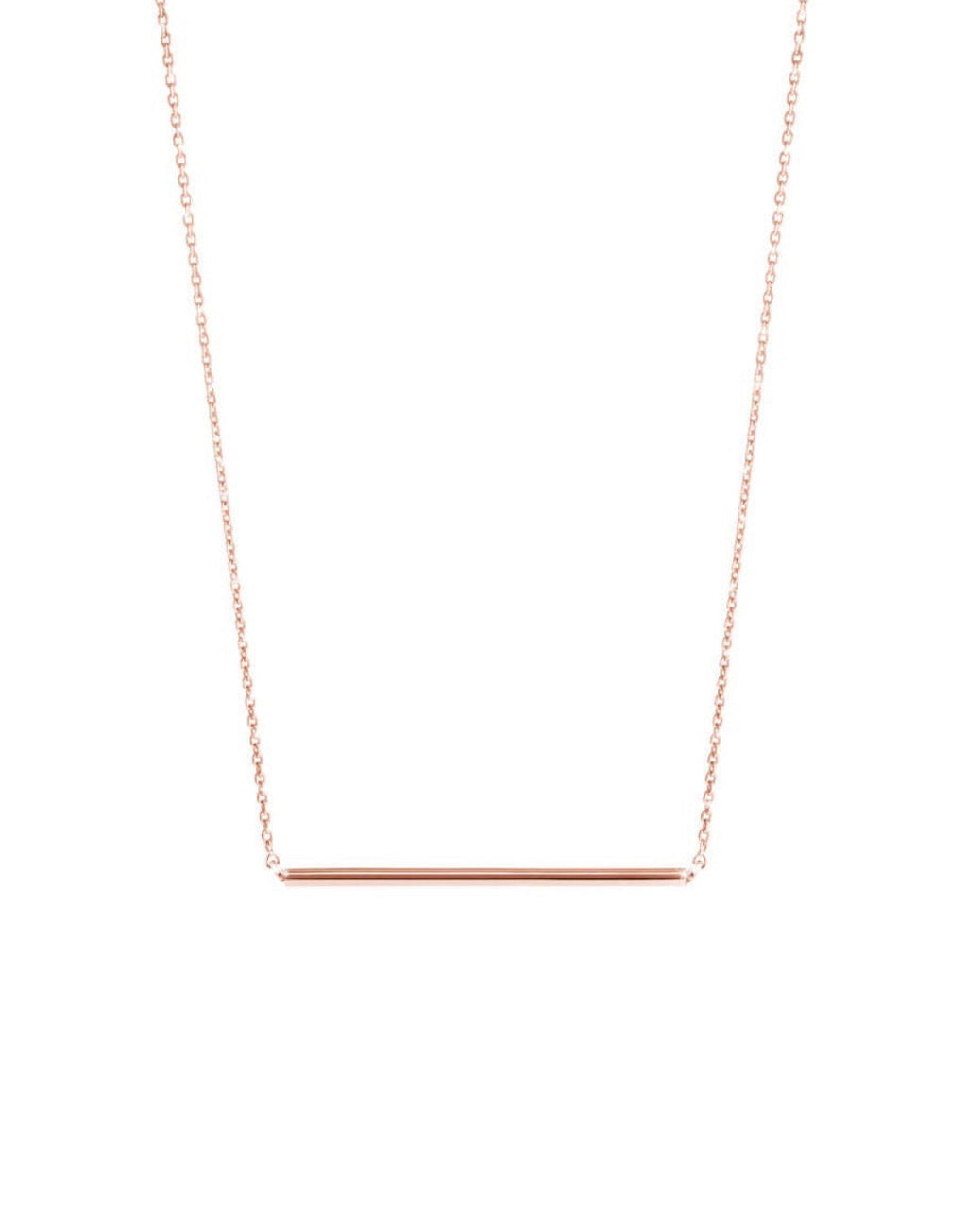 14k solid rose gold bar necklace on delicate chain, flat view