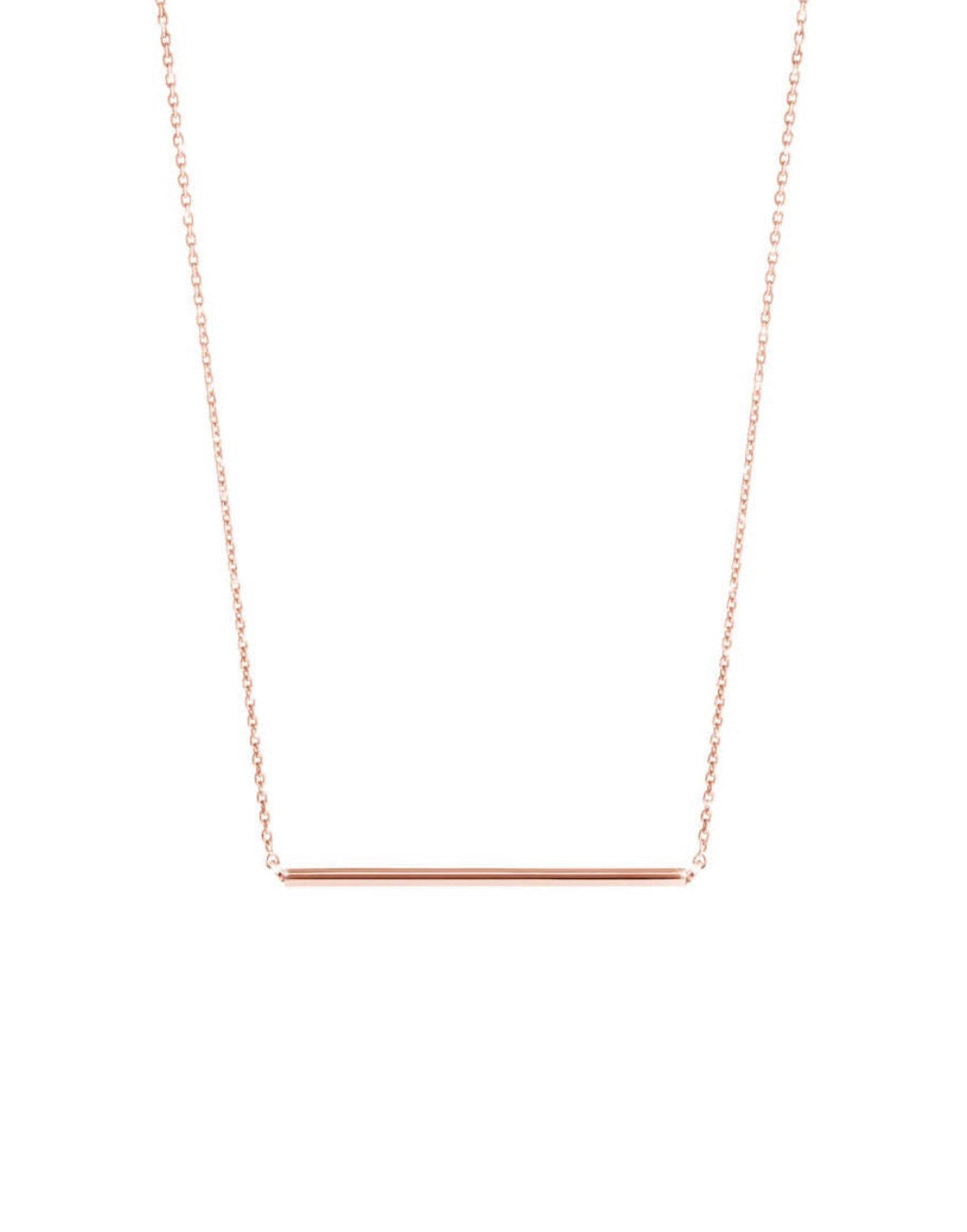 14k solid rose gold bar necklace on delicate chain, flat view
