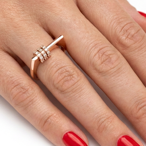 14k solid gold diamond bar ring with triple pavé row - triple row pavé diamond bar ring, rose gold
