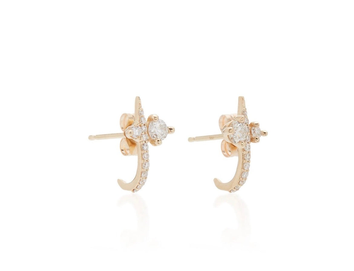 14k solid gold diamond curved huggie earrings pair - pavé diamond studs cluster with curved bar, yellow gold
