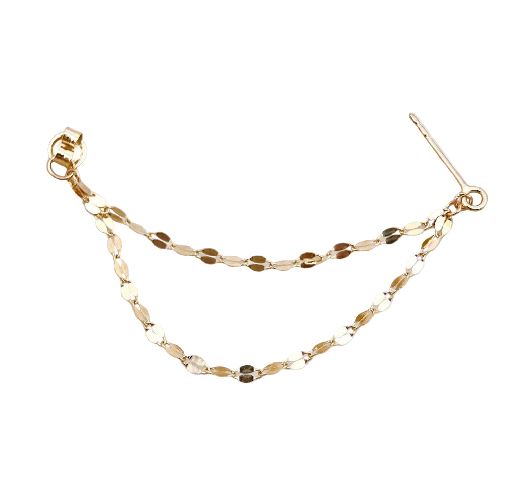 14k solid gold mirrored double chain earrings - flat view, yellow gold