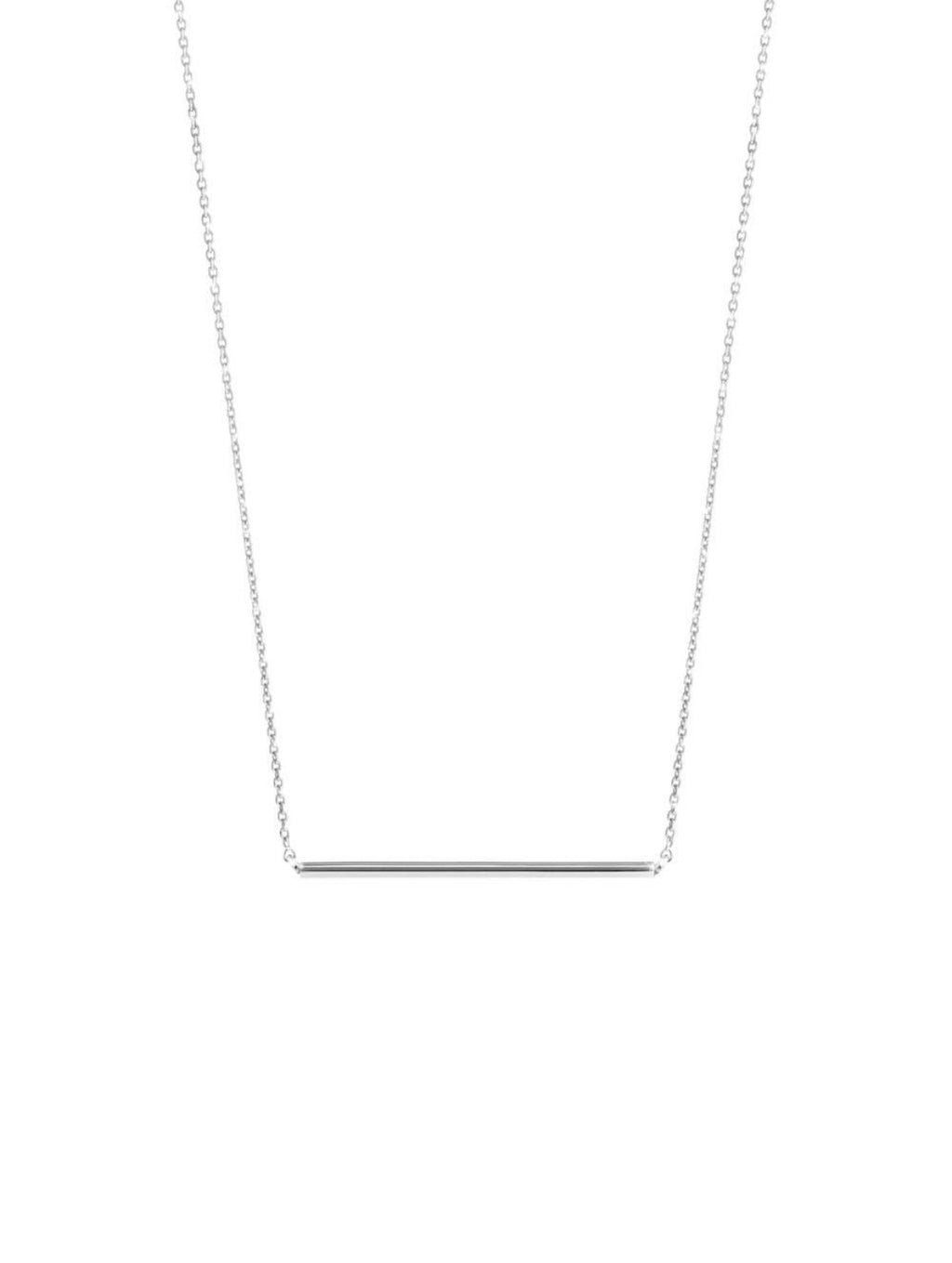 14k solid white gold bar necklace on delicate chain, flat view