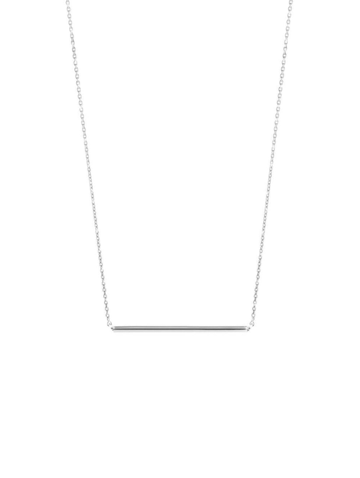 14k solid white gold bar necklace on delicate chain, flat view