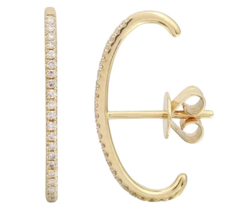 14k solid gold diamond wrap suspender stud huggie cuff earring - pavé diamond curved silhouette, yellow gold
