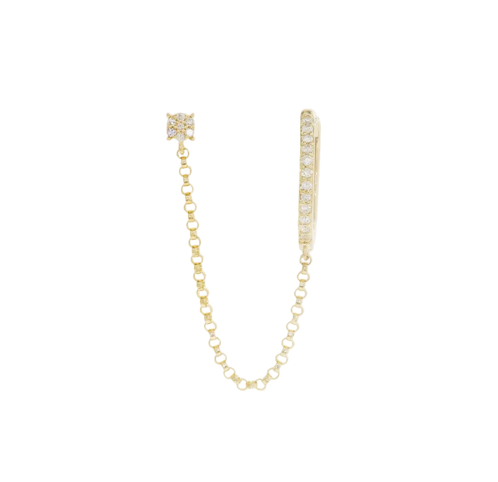 14K solid gold diamond double piercing chain earring — white background, side profile
