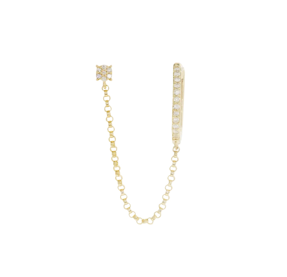 14K solid gold diamond double piercing chain earring — white background, side profile
