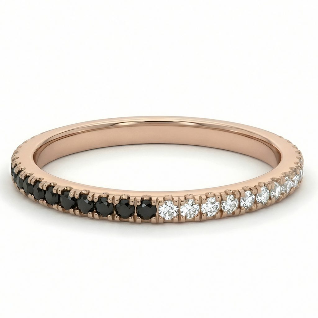 14k solid gold black and white diamond stack ring - alternating black and white diamond stacking ring, rose gold, eternity band
