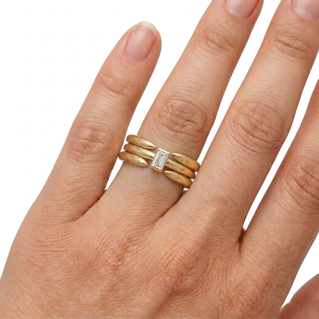 14k solid gold open claw rings, stacked with 14k solid diamond baguette ring - on model hand, ring stack, stacking rings, yellow gold