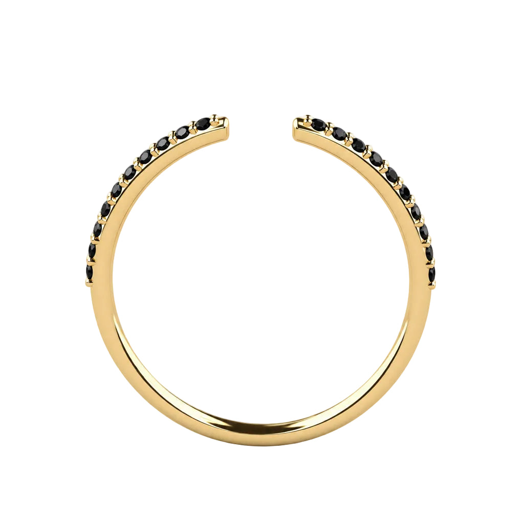 Front view of a yellow gold black pavé diamond open stack ring, showing the gap and diamond-set shoulders.
