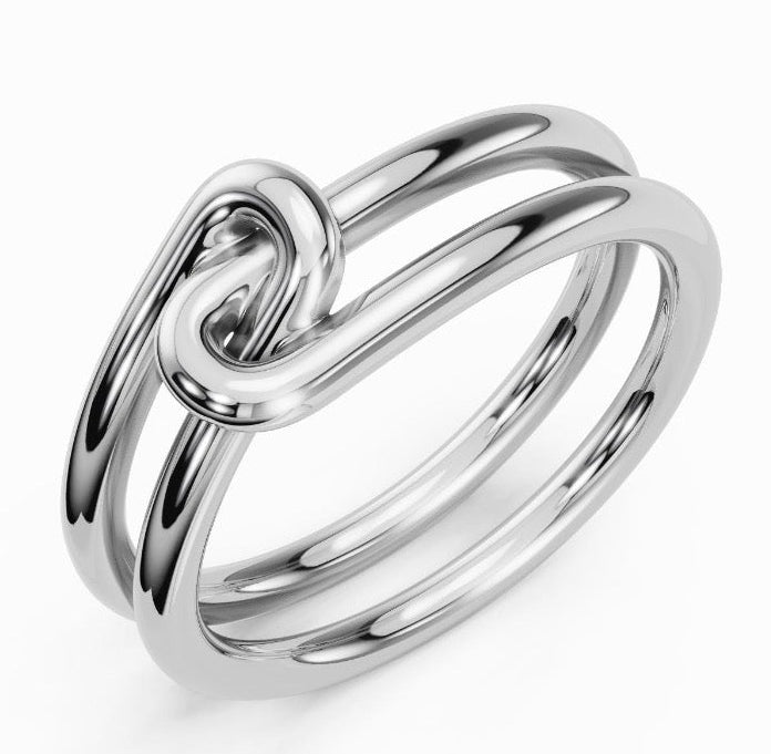 14k solid gold knot double ring - sculptural infinity knot double band, white gold
