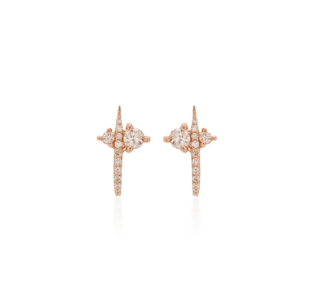 14k solid gold diamond curved huggie earrings pair - pavé diamond studs with curved bar, rose gold
