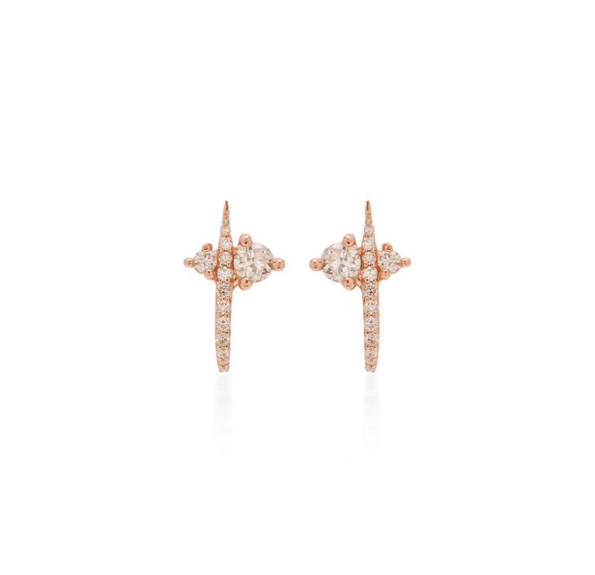 14k solid gold diamond curved huggie earrings pair - pavé diamond studs with curved bar, rose gold
