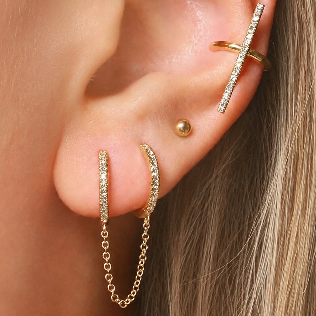 14k solid gold diamond double huggie chain dainty earring, yellow gold