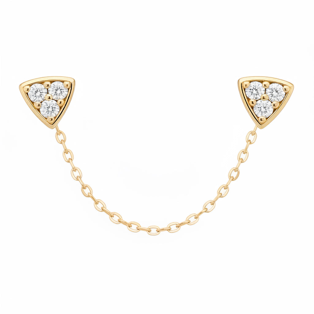 14k solid gold double diamond chain earring - delicate diamond drop chain, yellow gold
