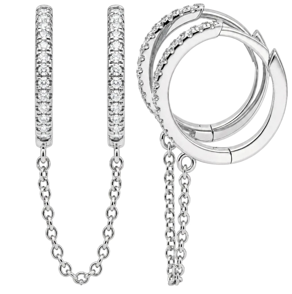 14k solid white gold diamond double huggie chain earring with 1 inch chain drop, yellow gold, single earring
