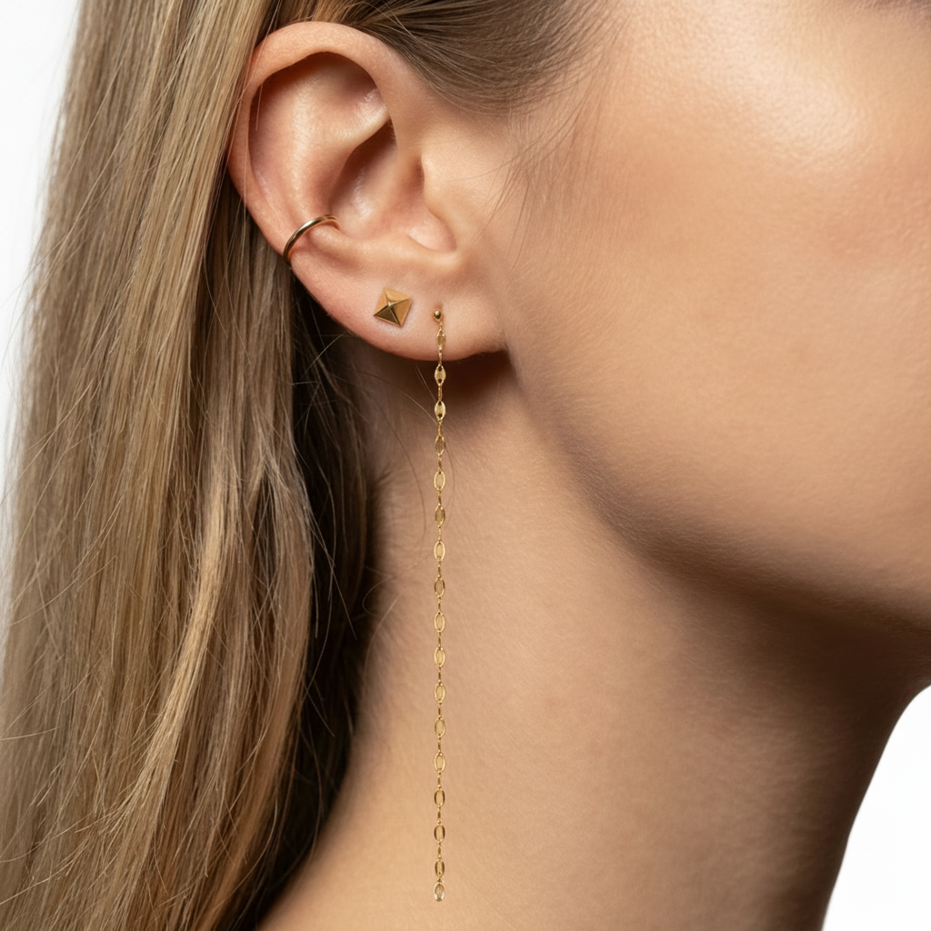 14k solid gold mirror chain earrings - high polish mirror link chain drop, yellow gold
