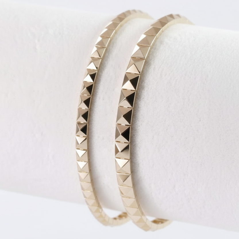 14k solid gold pyramid bracelet stacked 2 sizes, geometric pyramid studs in yellow gold
