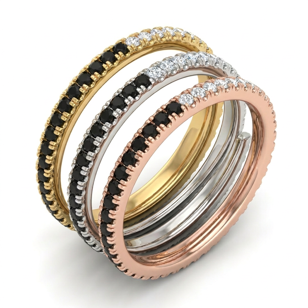14k solid gold eternity ring -  eternity rings in rose gold, yellow gold, and white gold, featuring rows of black diamonds and clear diamonds, designer jewelry