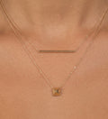 14k solid yellow gold bar necklace on delicate chain, with pyramid stud necklace