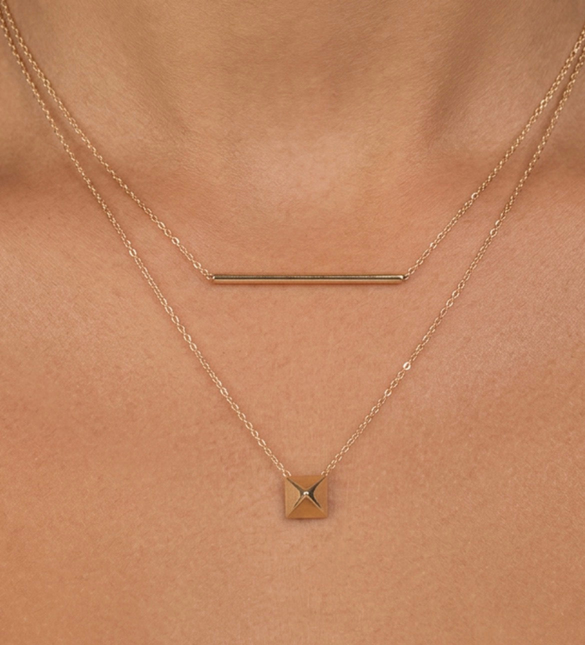 14k solid yellow gold bar necklace on delicate chain, with pyramid stud necklace