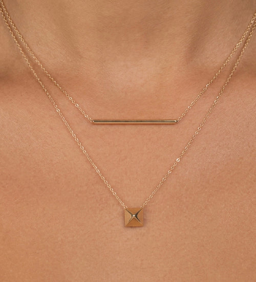 14k solid yellow gold bar necklace on delicate chain, with pyramid stud necklace