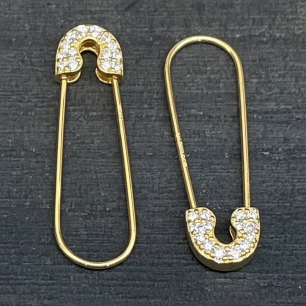 14k solid gold diamond safety pin earring pair - pavé diamond clasp detail, yellow gold
