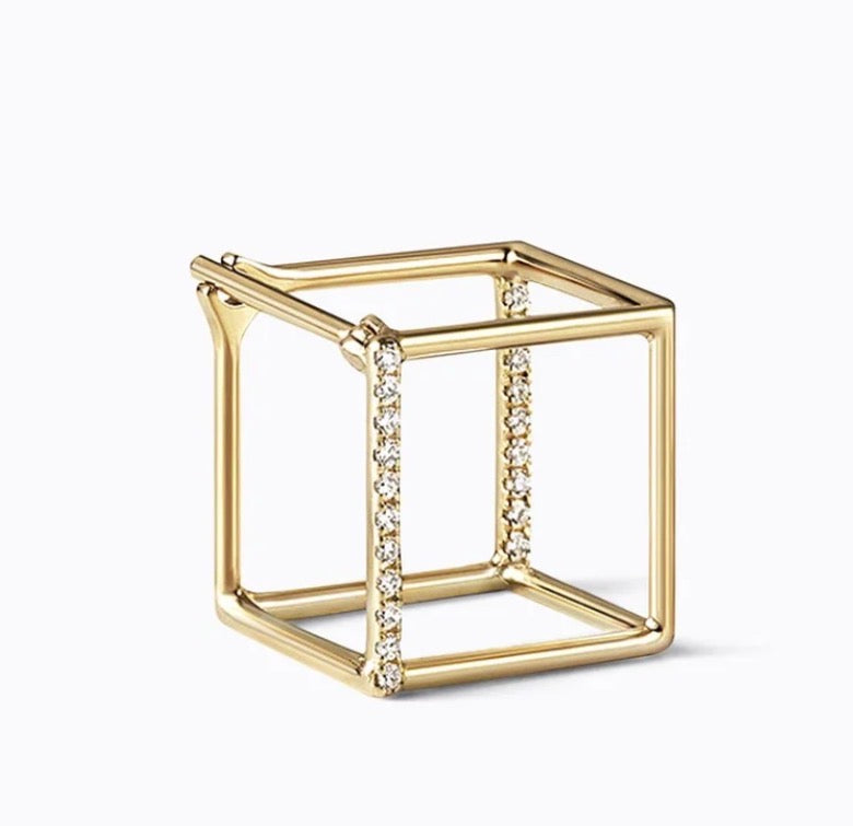 18k solid gold diamond 3D cube earring, yellow gold, open cube with pavé diamond detail, on white background
