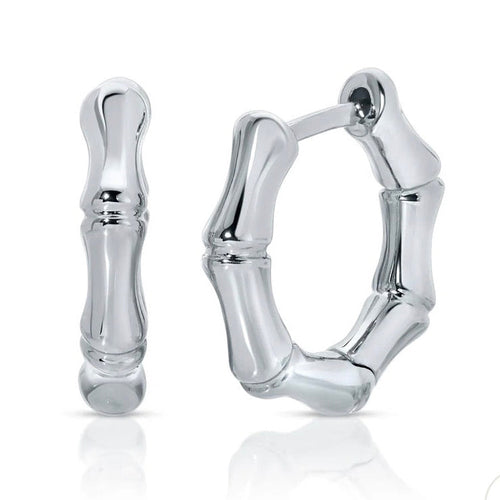 14k Solid Gold Bamboo Huggie Hoop Earrings - front and side view, white gold