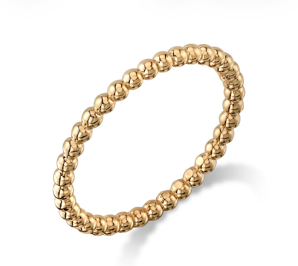 14k solid gold beaded stack ring - delicate beaded texture gold stacking ring, yellow gold
