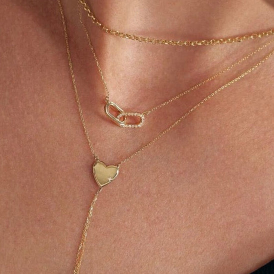 14k solid gold diamond paperclip necklace layered styling, 14 to 20 inch chain length options, available in yellow gold, white gold, rose gold.

