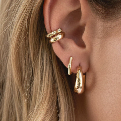 14k Solid gold bamboo huggie earring - side view