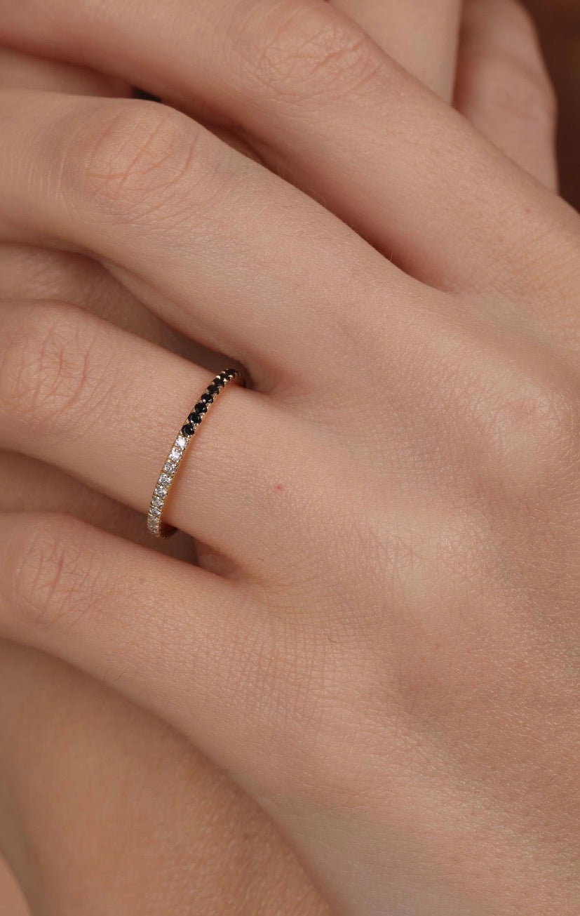 14k solid gold black and white diamond stack ring - alternating black and white diamond stacking ring, yellow gold, eternity band, minimalist everyday jewelry
