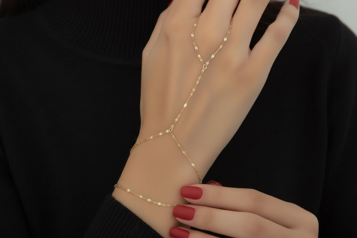 14k Solid Gold Mirror Double Chain Bracelet Connected to Ring - Slave Bracelet, Yellow gold, mirror chain
