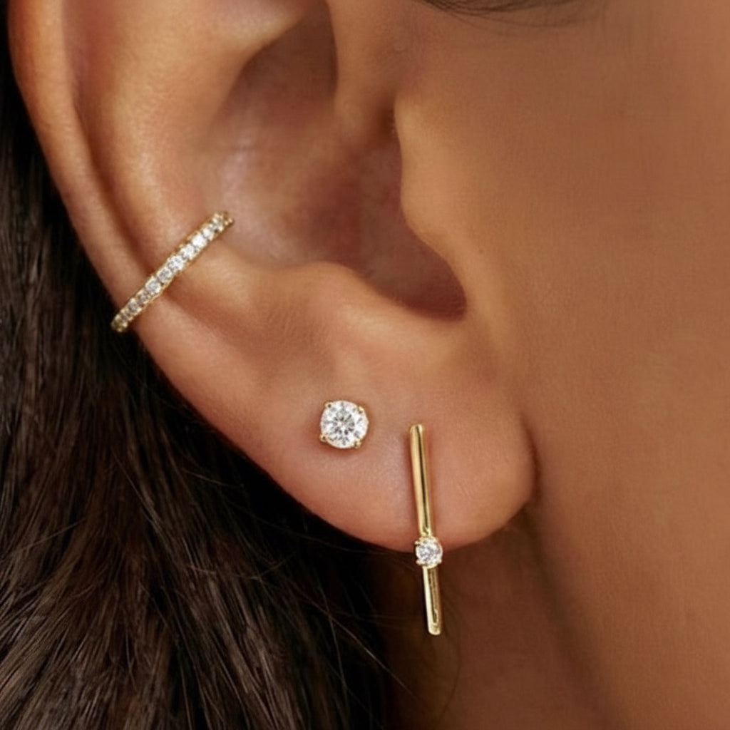 14k solid gold diamond bar minimalist stud earrings - pavé diamond bar stud, yellow gold

