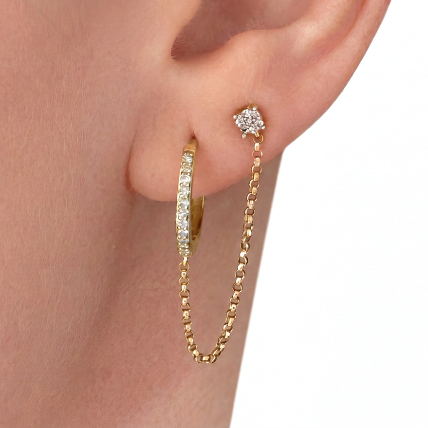 14K solid gold natural diamond double piercing huggie chain earring — white background, side profile