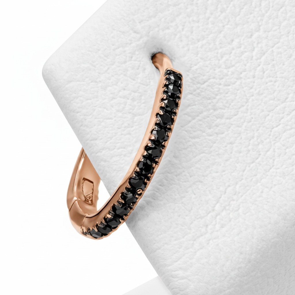 14k solid rose gold black diamond huggie earrings - pavé black diamond huggie hoop, rose gold
