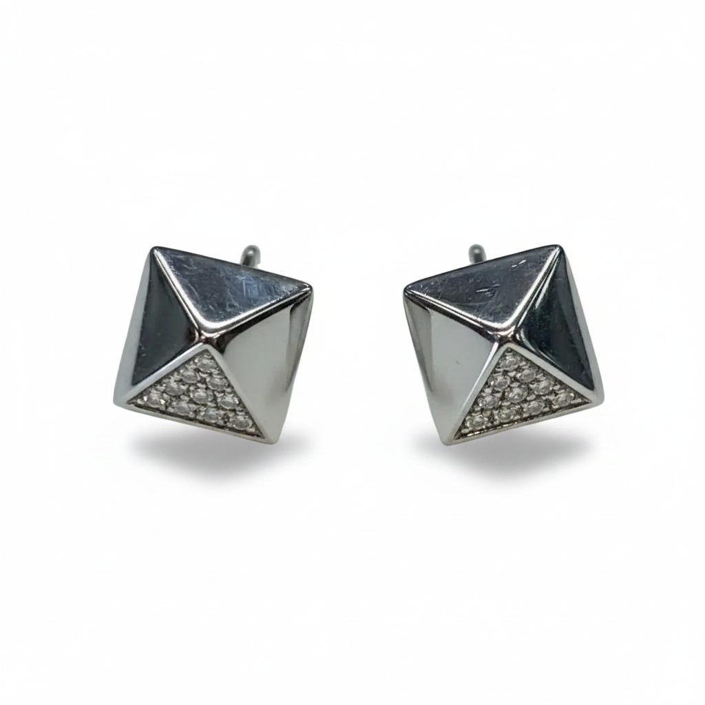 14k solid gold pavé diamond pyramid stud earrings - pavé diamond geometric pyramid stud, white gold
