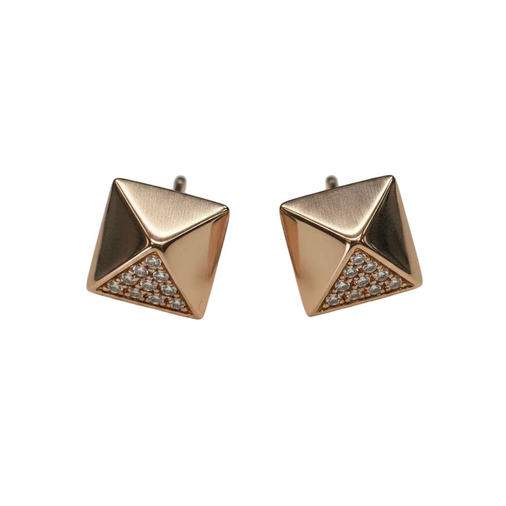 14k solid gold pavé diamond pyramid stud earrings - pavé diamond geometric pyramid stud, rose gold
