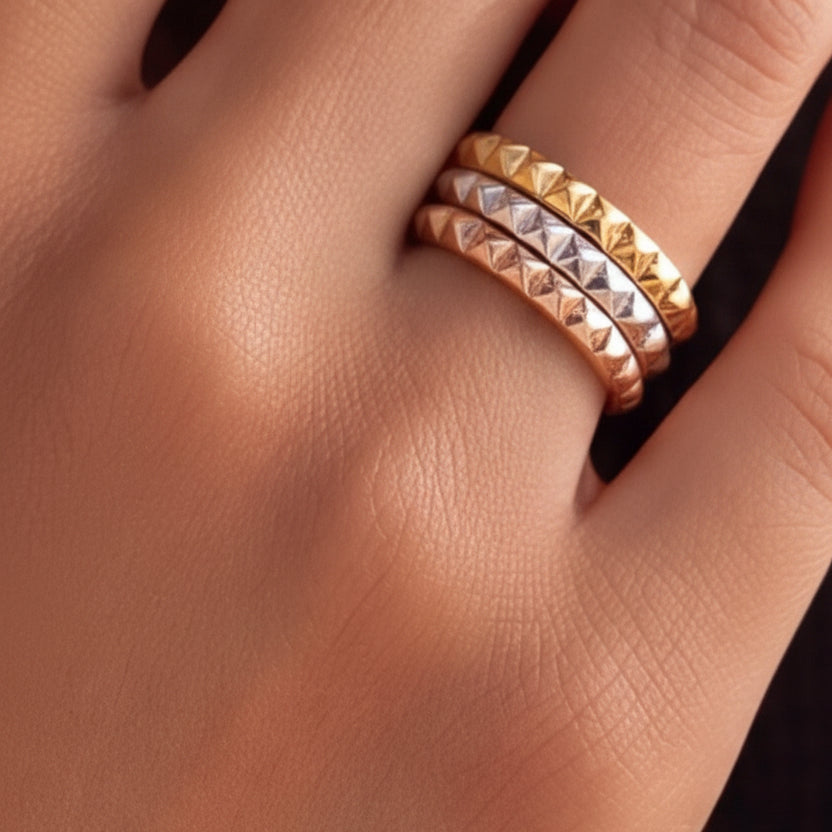 14k solid gold pyramid stack ring set - sculptural geometric gold band, yellow gold, white gold, rose gold
